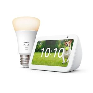 Echo Show 5 (3. Gen.) | Weiß + Philips Hue White Smart Bulb (E27), Funktionert mit Alexa – Smart Home-Einsteigerpaket