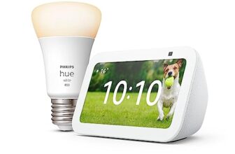 Echo Show 5 (3. Gen.) | Weiß + Philips Hue White Smart Bulb (E27), Funktionert mit Alexa – Smart Home-Einsteigerpaket