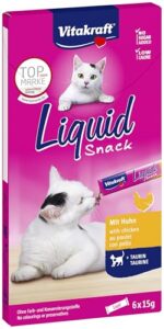 Vitakraft Liquid Snack, Katzen Leckerli, Katzensnack cremig, mit Huhn und Taurin, in einzelnen Sachets, unterstützt die Augen und das Herz (1 Paket mit 6x 15g)