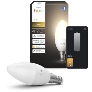 Philips Hue Smart LED-Lampe, B39, E14, 1er Pack, Warmes Weißlicht 2.700 K, 470 lm, Niedrig Dimmbar, Alexa, Google Home, Apple Home