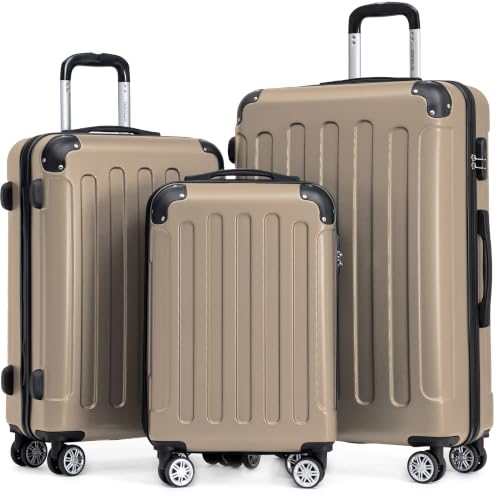 BEIBYE Kofferset 3-teilig – Kabinenkoffer, Reisekoffer und Koffer aus ABS mit Doppelrollen und Zahlenschloss, Champagner