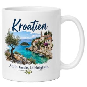 LunaLana® Tasse »Kroatien – Adria. Inseln. Leichtigkeit.« Kaffeetasse mit Küstenmotiv | Geschenk für Kroatien-Fans