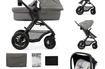 Kinderkraft MOOV2 AIR Kinderwagen 3 in 1 Kinderwagenset bis 26 kg mit Kindersitz I-SIZE 40-75 cm, Buggy Funktion, Liegeposition verstellbar, Große ausziehbare Verdeck, Aufblasbare Räder, Hellgrau