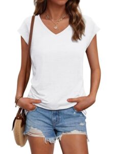 Suncife Damen-T-Shirt, Sommer, lockere Passform, Flügelärmel, V-Ausschnitt, T-Shirt, weiß, M