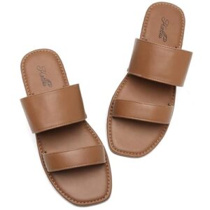 katliu Damen Sandalen Sommer Pantoletten Doppelriemen Braun 41