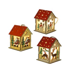 Littleboyny 3 Stück LED Weihnachtslampe warmweiß- Weihnachtsdekoration Hängedeko mit winterlichen Holzhäusern Lampen dekorative LED-Christbaumanhänger
