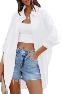Cicy Bell Damen Bluse Oversized Langarm Button Down mit Taschen Weiß XXL