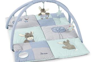 Sterntaler Spielbogen Esel Emmi – Weicher Baby-Spielplatz mit abnehmbaren Figuren, Rassel, Quietsche, Knisterpapier und Spiegelfolie – Krabbeldecke – Fördert spielerisch die Sinne – 100x80x3 cm