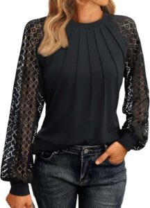Pawate Damen Langärm Shirts Spitze Tops Business Bluse Casual Tunika Herbst Outfits Kleidung Y2k Blusen(schwarz/XL)