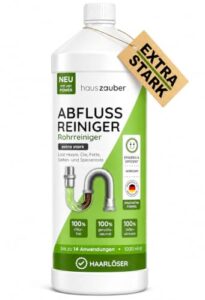 hauszauber – Abflussreiniger [EXTRA STARK] 1000 ml – Löst Speisereste, Öle, Fette & Haare – Profi Rohrreiniger für Badewanne, Waschbecken, Dusche, Siphon, Bad und Küche – Abflussfrei & Haarweg