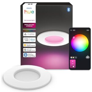 Philips Hue Slim Downlight, LED-Deckenleuchte, 1.000 lm, 90 mm, schlankes Design, Vollspektrum-Tageslicht 1.000–20.000 K, Extrem Stufenlos Dimmbar, Präzise Farbe, Smart Lighting, Weiß, 1er-Pack 