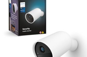 Philips Hue Secure batteriebetriebene Smart 1080p Home Sicherheitskamera, für drinnen oder draußen, Zwei-Wege-Gespräch, funktioniert mit Security Center in Hue App, weiß
