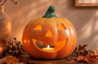 Kürbis-Deco als Keramik Halloween-Laterne LED Set in 14×13 cm – beleuchtete Outdoor- und Innen-Deko – Jack Lantern als Herbst- und Garten-Grusel-Licht