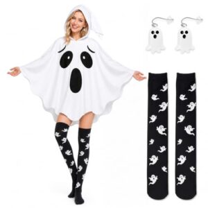 AuSletie Halloween Kostüm Damen, Weißes Geistercape mit Kapuze, Halloween Süßigkeiten Eimer, Geisterohrringe Überknie Socken für Feiern Horror Cosplay