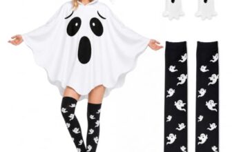 AuSletie Halloween Kostüm Damen, Weißes Geistercape mit Kapuze, Halloween Süßigkeiten Eimer, Geisterohrringe Überknie Socken für Feiern Horror Cosplay