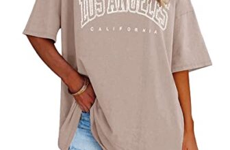 Ebifin Damen T Shirt Rundhals Oversize Vintage Oberteile,Khaki,S