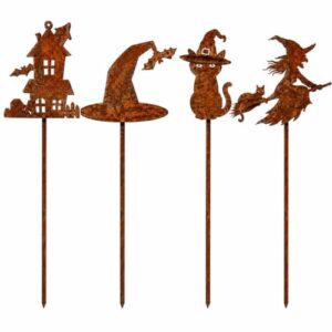 Halloween deko Edelrost Gartenstecker 4er Set Hexe für Herbst Garten Party