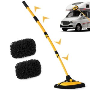 15° Bogen Autowaschbürste mit Stiel 144CM Aluminium Auto Waschbürste mit Teleskopstiel, Kratzerfreie Reinigungsbürste für Auto LKW Wohnwagen SUV Wohnmobil, Teleskop Waschbürste mit 2 Mop-Köpfen
