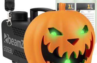 BeamZ S553L Nebelmaschine Halloween Deko mit LED Kürbis Kopf – 550 Watt Rauchmaschine mit 2L Flüssigkeit, 2-in-1 mit Halloween Kürbis Deko, 16 Farben Lichteffekt, Soundeffekt Nebelmaschine Mini