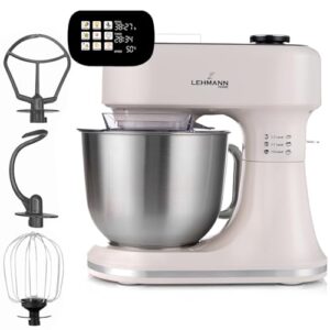 LEHMANN Küchenmaschine mit beheizbarer 5-L-Schüssel, integrierte Waage & Timer, Knetmaschine mit Planetenrührwerk, 12 Geschwindigkeiten, Gärfunktion bis 45 °C, Touch-Display, 3 Rühraufsätze