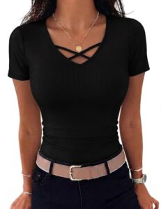 Aottori Tshirt Damen Sommer V-Ausschnitt Gerippt Kurzarm Schwarz S