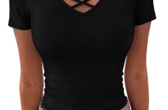 Aottori Tshirt Damen Sommer V-Ausschnitt Gerippt Kurzarm Schwarz S