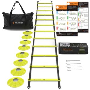 Koordinationsleiter Fußball 6 m mit 12 Sprossen & 8 Hütchen – Fußballtraining Zubehör für Kinder & Erwachsene, Trainingsleiter Set mit Tragetasche & Poster, Agility Ladder & Fußball Leiter