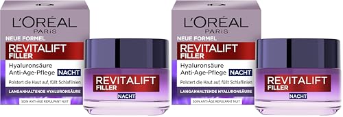 L’Oréal Paris Hyaluron Nachtcreme, Anti-Aging Gesichtspflege mit Micro-Filler Hyaluronsäure für Feuchtigkeit und Anti Falten Effekt, Revitalift Filler, 1 x 50 ml (Packung mit 2)