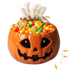 NAVESO Halloween Süßigkeiten Schale, Halloween Schüssel Animiert mit Skeletthand, Kürbis Dekorative Schale mit Licht Red Eye und Sound, HalloweenSchale für Süßigkeiten, HalloweenDeko Horror, Orange