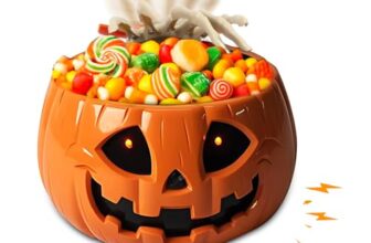 NAVESO Halloween Süßigkeiten Schale, Halloween Schüssel Animiert mit Skeletthand, Kürbis Dekorative Schale mit Licht Red Eye und Sound, HalloweenSchale für Süßigkeiten, HalloweenDeko Horror, Orange