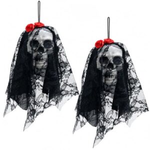 Jonami Halloween Deko Hängender Totenkopf, Gruselige Geisterbraut mit Schwarzem Schleier für Tür Fenster, Horror Party Deko – 25cm