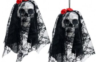 Jonami Halloween Deko Hängender Totenkopf, Gruselige Geisterbraut mit Schwarzem Schleier für Tür Fenster, Horror Party Deko – 25cm