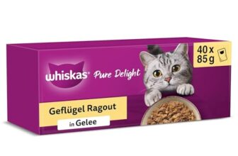 Whiskas 1+ Katzennassfutter Ragout Geflügel Auswahl in Gelee, 40x85g (1 Packung) – Hochwertiges Nassfutter für ausgewachsene Katzen in 40 Portionsbeuteln