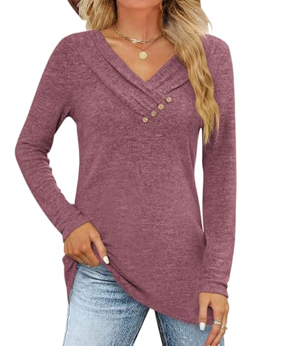 Fisoew Damen Langarmshirt V-Ausschnitt Longshirt,Weinrot,M