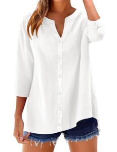 Rapbin Damen Bluse 3/4 Ärmel Baumwolle Leinenbluse V-Ausschnitt Knopfleiste