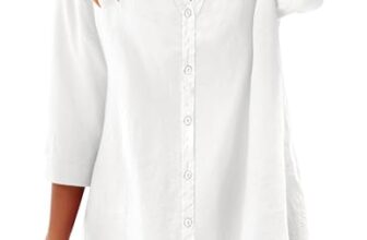 Rapbin Damen Bluse 3/4 Ärmel Baumwolle Leinenbluse V-Ausschnitt Knopfleiste