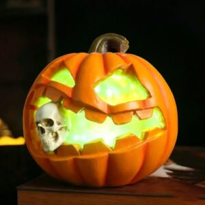 Halloween Kürbis Lampe mit Totenkopf Figur, LED Leucht Dekoration aus Harz