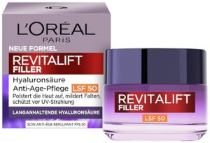L’Oréal Paris Anti Age Tagespflege LSF 50 für Frauen: hydratisiert die Haut und bekämpft Hautalterung mit 3 Arten von Hyaluronsäure und LSF 50+, Revitalift Filler, 1x 50ml