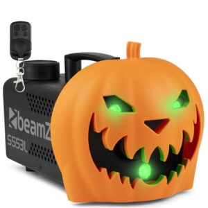 BeamZ S553L Nebelmaschine Halloween Deko mit LED Kürbis Kopf – 550 Watt Rauchmaschine 2-in-1 mit Halloween Kürbis Deko, 16 Farben Lichteffekt, Soundeffekt Nebelmaschine Mini mit Fernbedienung