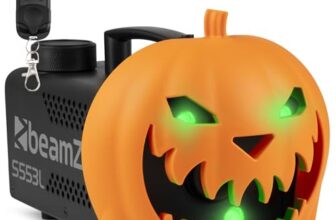 BeamZ S553L Nebelmaschine Halloween Deko mit LED Kürbis Kopf – 550 Watt Rauchmaschine 2-in-1 mit Halloween Kürbis Deko, 16 Farben Lichteffekt, Soundeffekt Nebelmaschine Mini mit Fernbedienung