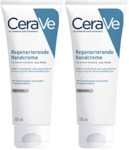 CeraVe Regenerierende Handcreme, Sanfte Creme bei empfindlicher Haut, Ohne Duftstoffe, Bei Neurodermitis oder Allergien, Mit Hyaluronsäure und essenziellen Ceramiden, 100 ml (Packung mit 2)