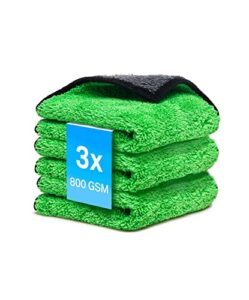 Mikrofasertücher Auto 3 Stück 800 GSM Poliertuch für Autopflege und Haushalt | Microfaser Trockentuch extrem saugstark, fusselfrei und schonend weich Polieren – 30 x 30 cm (3PCS) (Grün, 3 Stück)