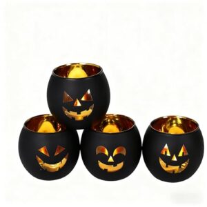 Halloween Deko Windlicht Glas Teelichthalter 4er Set Kürbis Deko schwa