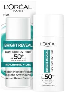 L’Oréal Paris UV Fluid LSF 50 – Schützt vor Sonnenstrahlen, Beugt Falten & Pigmentflecken vor, mit Vitamin C und E, Bright Reveal UV Fluid, 50 ml