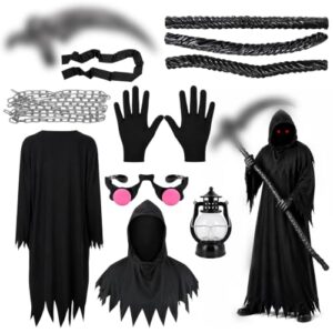 zentrontx 8er Set Sensenmann Kostüm Erwachsene, Halloween Sensenmann Kostüm,Halloween Tod Kostüm mit Gewand Schwarze S-XL, leuchtenden Augen, Kette, Sichel, Taschenlampe, Kapuze,Handschuhen & Gürtel