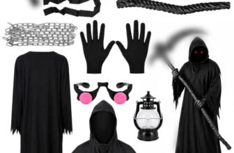 zentrontx 8er Set Sensenmann Kostüm Erwachsene, Halloween Sensenmann Kostüm,Halloween Tod Kostüm mit Gewand Schwarze S-XL, leuchtenden Augen, Kette, Sichel, Taschenlampe, Kapuze,Handschuhen & Gürtel
