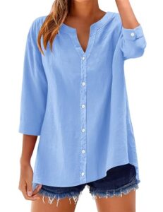 Rapbin Damen Leinenhemd Sommer Blusenshirt aus Musselin Baumwolle V-Neck