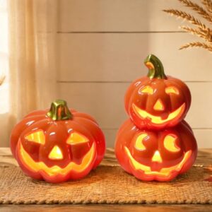 RNPKZ 2 Stück Halloween Deko Kürbis, Herbstdeko Kürbis Laterne aus Keramik, Herbst Deko Innen KürbisLaterne, LED Pumpkin Lampe mit Gruseligem Gesicht für Erntedankfest, Halloween, Herbstdeko