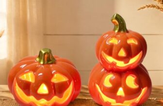 RNPKZ 2 Stück Halloween Deko Kürbis, Herbstdeko Kürbis Laterne aus Keramik, Herbst Deko Innen KürbisLaterne, LED Pumpkin Lampe mit Gruseligem Gesicht für Erntedankfest, Halloween, Herbstdeko