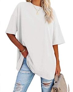 Ebifin Damen Tshirt Oversize Oberteile Rundhals,Weiß,L